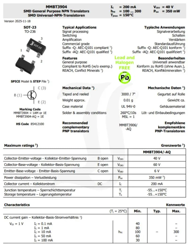 50 Pcs MMBT3904 MMBT3906 MMBT5551 MMBT5401 SOT-23 SMD BJT Transistor 40V-160V Used For Switching Amplification Complex Pair