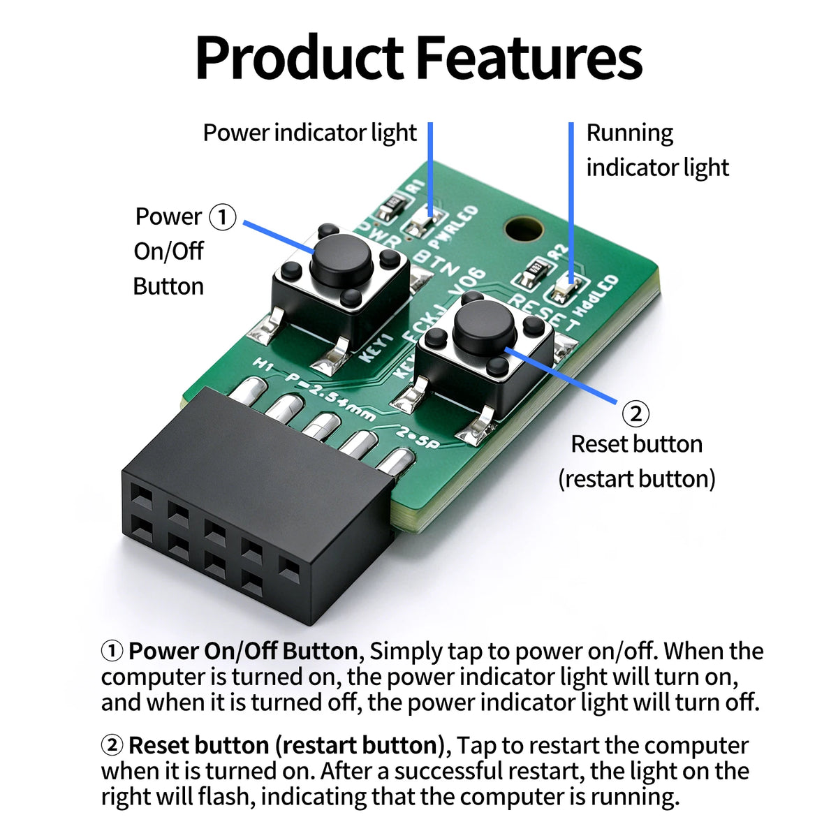 Mini Computer Power Reset Switch Board 9-Pin Connector Front Panel Header for PC Desktop Motherboards with LED Status Indicators