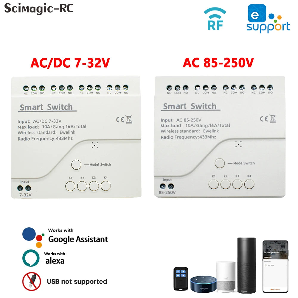 1/2/4CH EWeLink WIFI Smart Switch 7-32V 85-250V 220V Wireless Remote Control Relay Module For Garage Door Access Alexa Google