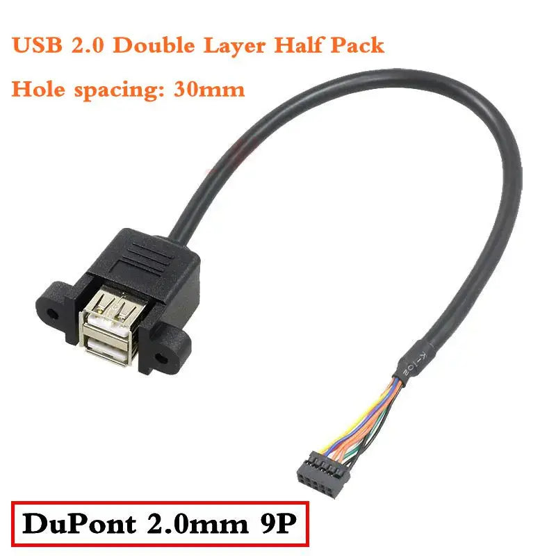 Motherboard 9-Pin to Dual Port USB 2.0 A Female With Ear Screw Hole Panel Data Extension Cable DuPont 2.0/2.54mm 9Pin Terminal