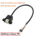 Motherboard 9-Pin to Dual Port USB 2.0 A Female With Ear Screw Hole Panel Data Extension Cable DuPont 2.0/2.54mm 9Pin Terminal