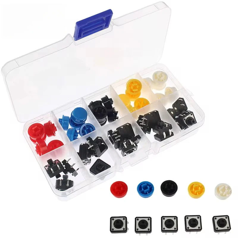 25Pcs 12*12*7.3MM Micro Switch Button Switch Momentary Tactile Push Button Switchs Circular 5 Colors Cap Kit DIY For Arduino