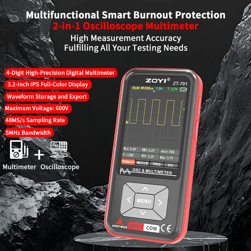 ZT701 Portable 2 in 1 Oscilloscope Multimeter Multifunctional Electrical Test Tool 5MHz 48MSa/s Sampling