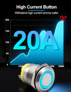 FILN 22mm 20A Metal Push Button Switch with Wire Harness Connector IP67 Waterproof LED Ring Light High Current Switch 12V 220V
