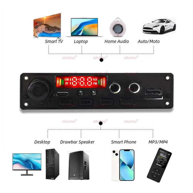 10W Bluetooth Amplifier Board MP3 Decoder Module Dual Channel DC 3.7-5V USB/TF/FM Car Audio Player with Recording Handsfree CalL