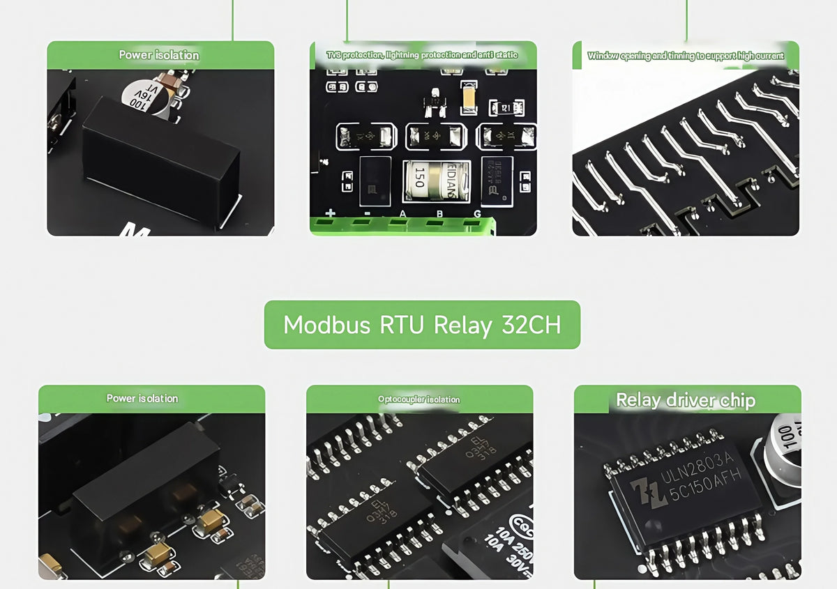 Waveshare Industrial Modbus RTU Relay Module with 8/16/32-channel RS485 interface and isolation