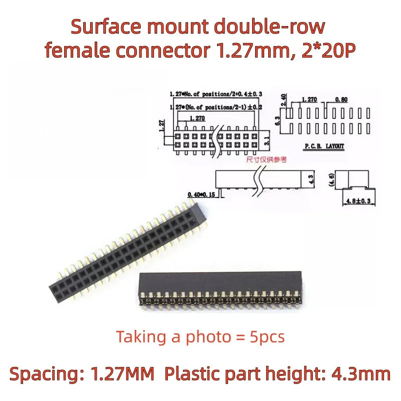 5PCS SMD SMT 2*2/3/4/5/6/7/8/10/12/20/40/50 PIN Double Row Pin Female Header 1.27MM Pitch Connector Socket 2X/6/8/10/20