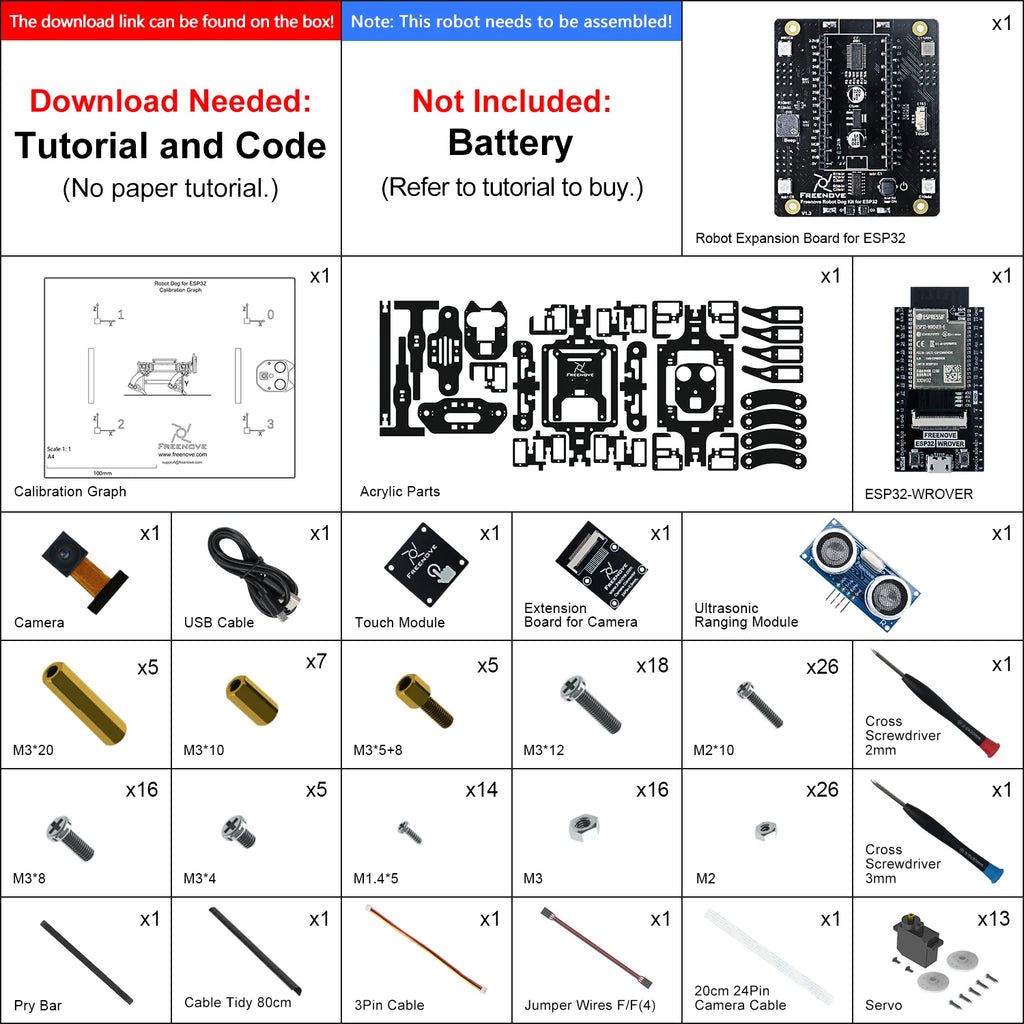 Freenove Robot Dog Kit for ESP32-WROVER CAM, Dual-core 32-bit 240MHz, Touch Sensor, Ultrasonic Ranging, Buzzer RGB LED Servo App