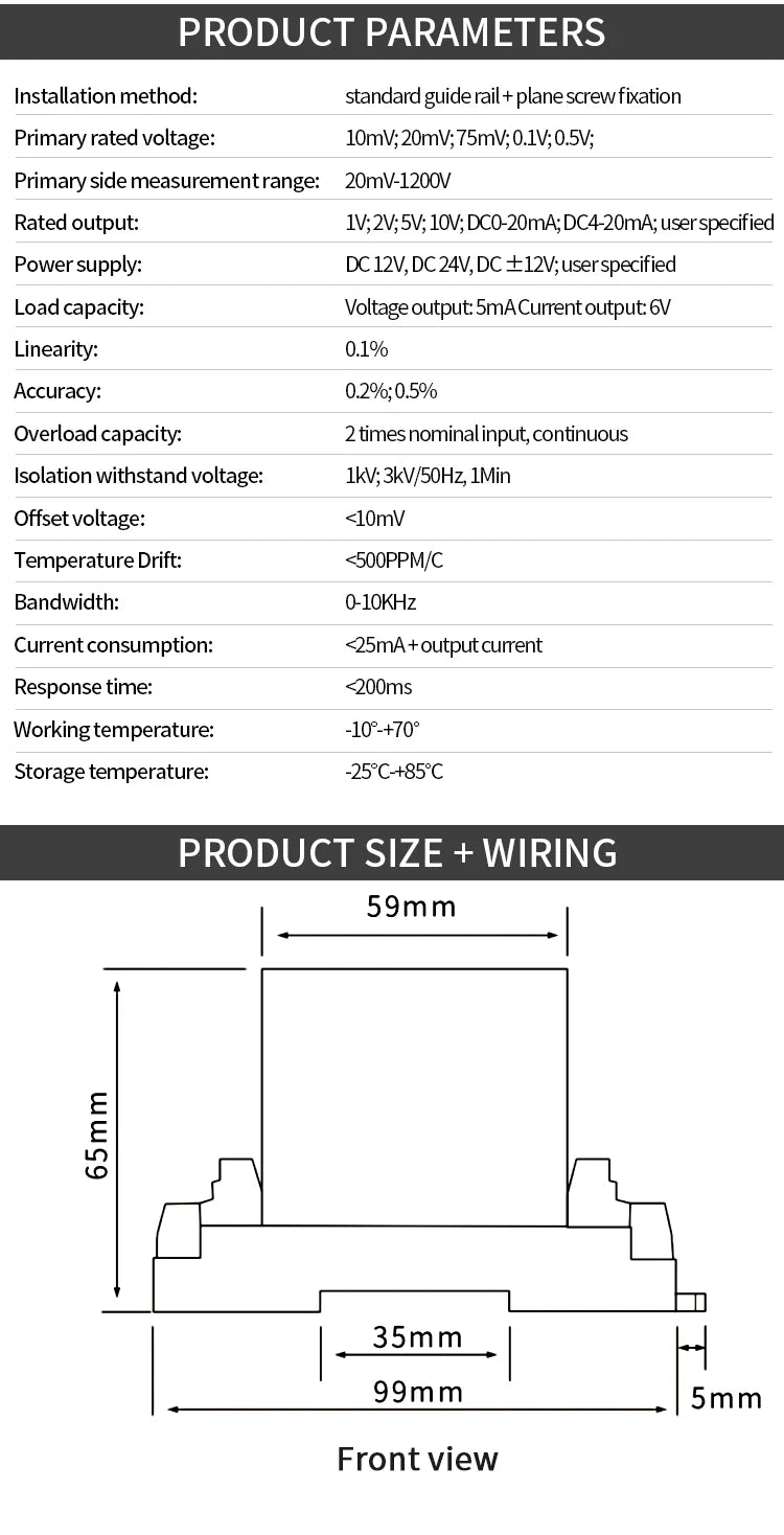 AC DC 0-1000V Voltage Transmitter to 4-20mA 0-10V 0-5V RS485 Voltage Sensor DC24V 0-100V 0-200V 0-500V Voltage Transducer