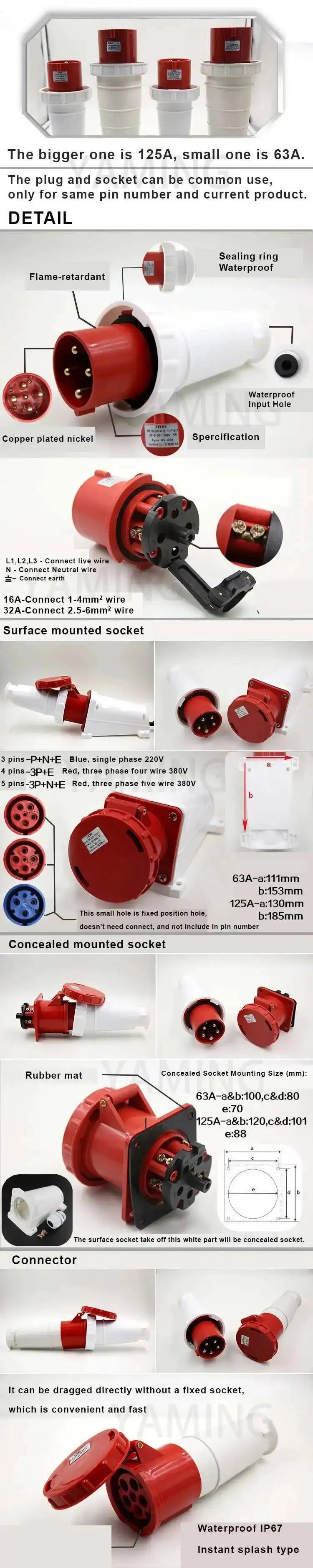 63A/125A Waterproof IP67 Aviation Explosion-proof Connector Surface And Concealed Industrial Plug Connctor 3 4 5 Core Pins