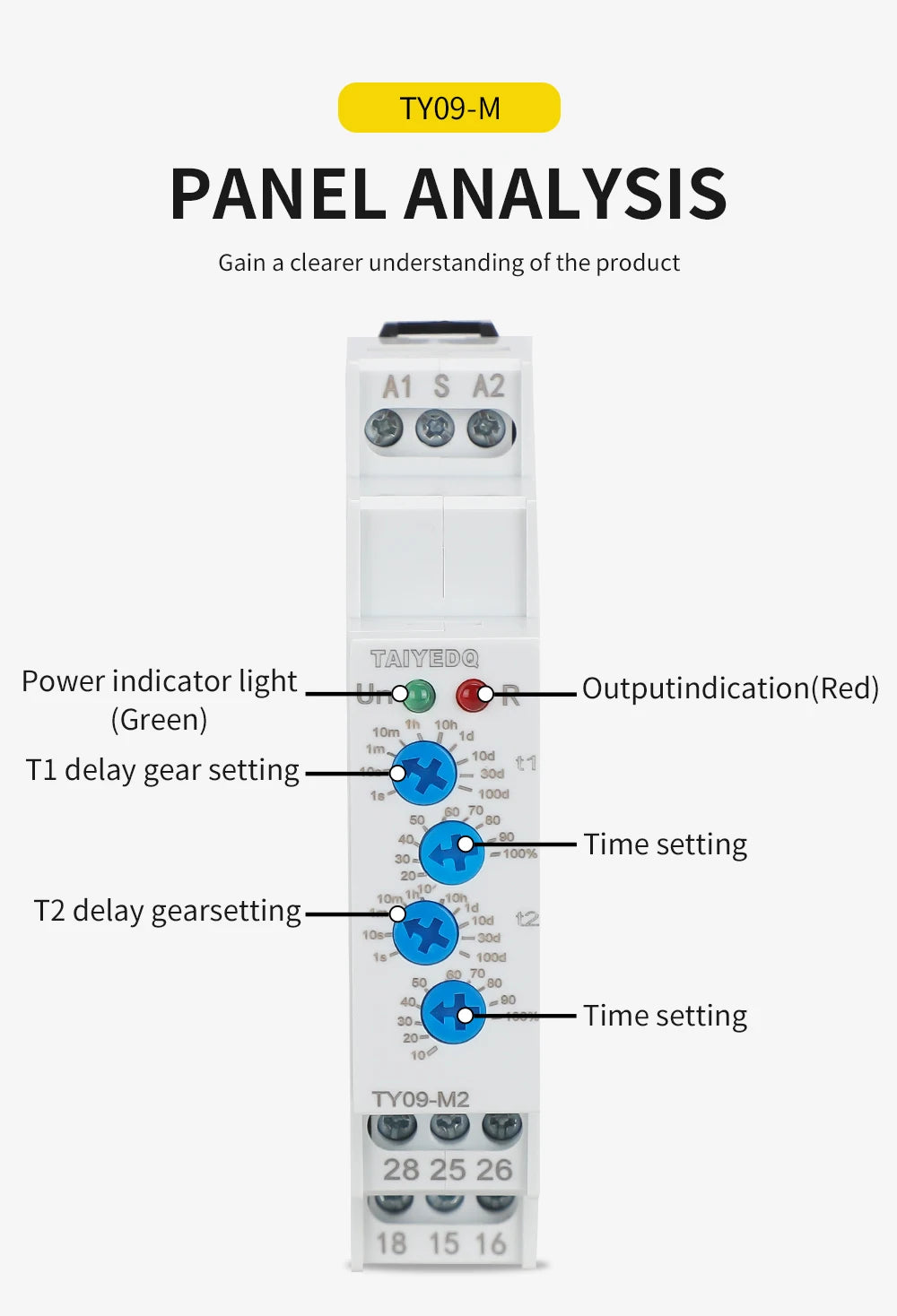 TY09-M1 M2 Cyclic Delay Timer Relay Switch SPDT 220V 16A AC/DC12V-240V 50/60Hz 0.1s-100 Days 2SPDT Din Rail