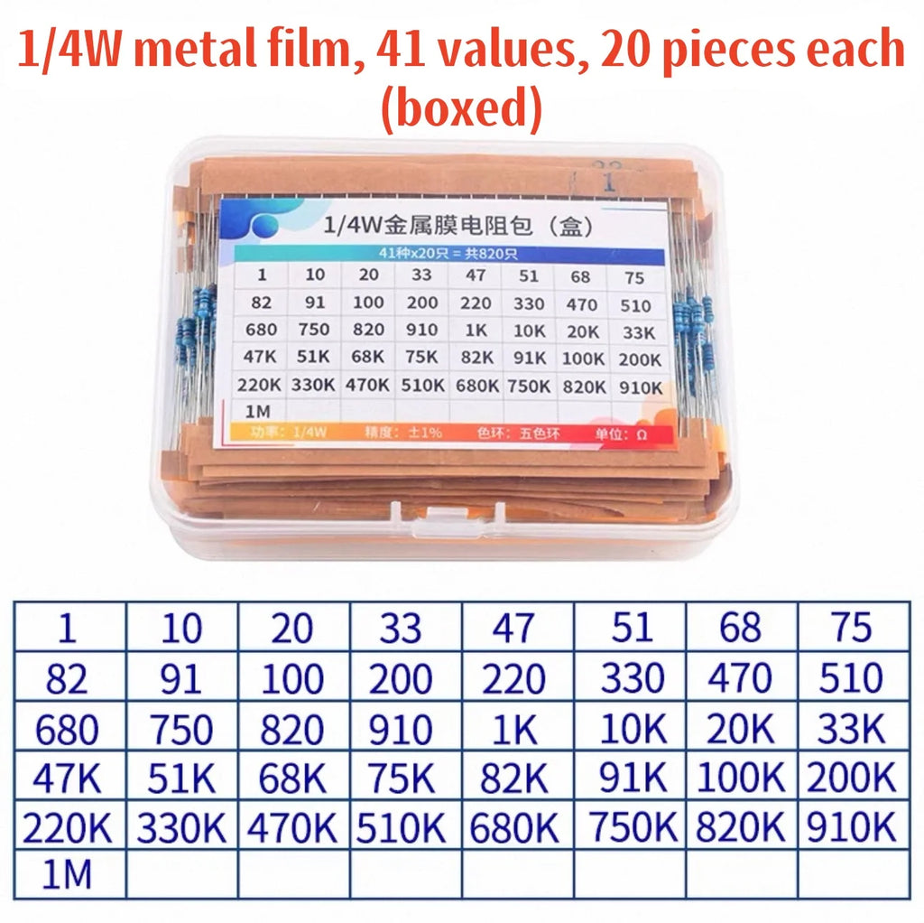 300pcs/600pcs/820pcs 1% Resistor Set Resistance 1/4W Metal Film Resistors Kit 10Ohm ~1M Ohm 30Values Electronic Components Kit