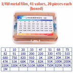 300pcs/600pcs/820pcs 1% Resistor Set Resistance 1/4W Metal Film Resistors Kit 10Ohm ~1M Ohm 30Values Electronic Components Kit