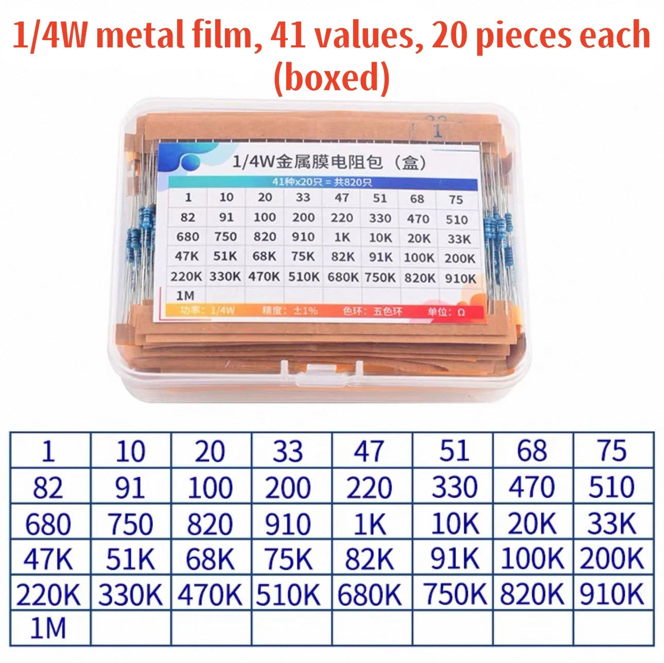 300pcs/600pcs/820pcs 1% Resistor Set Resistance 1/4W Metal Film Resistors Kit 10Ohm ~1M Ohm 30Values Electronic Components Kit