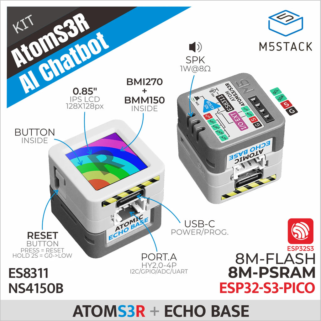 M5Stack Official AtomS3R AI Chatbot Voice Assistant Development Kit ESP32-S3 8MB PSRAM Microphone Speaker 9-Axis IMU OpenAI
