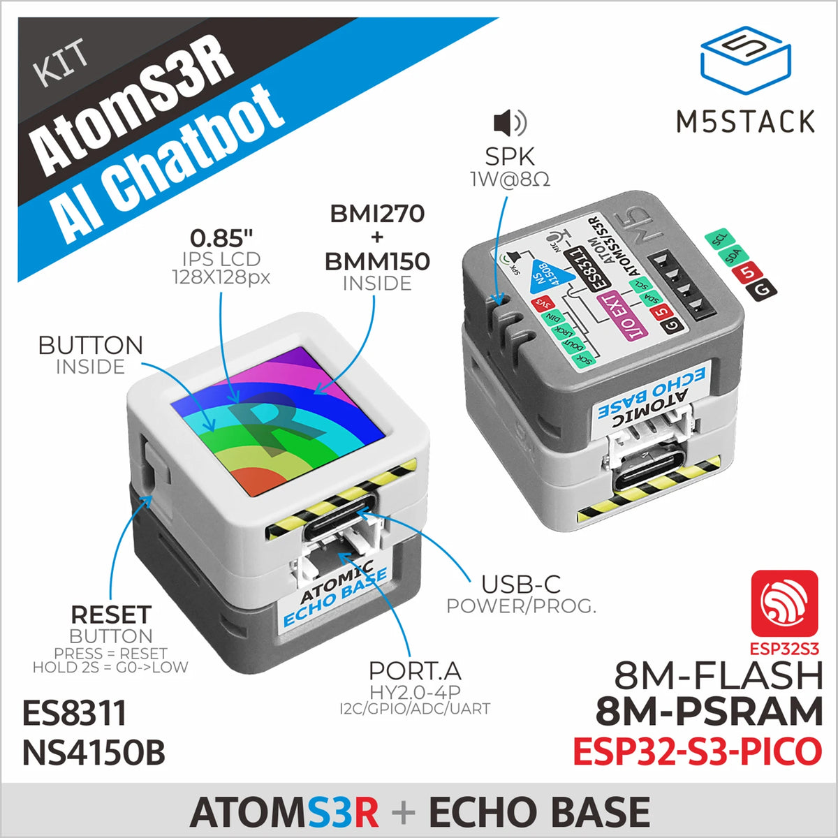 M5Stack Official AtomS3R AI Chatbot Voice Assistant Development Kit ESP32-S3 8MB PSRAM Microphone Speaker 9-Axis IMU OpenAI