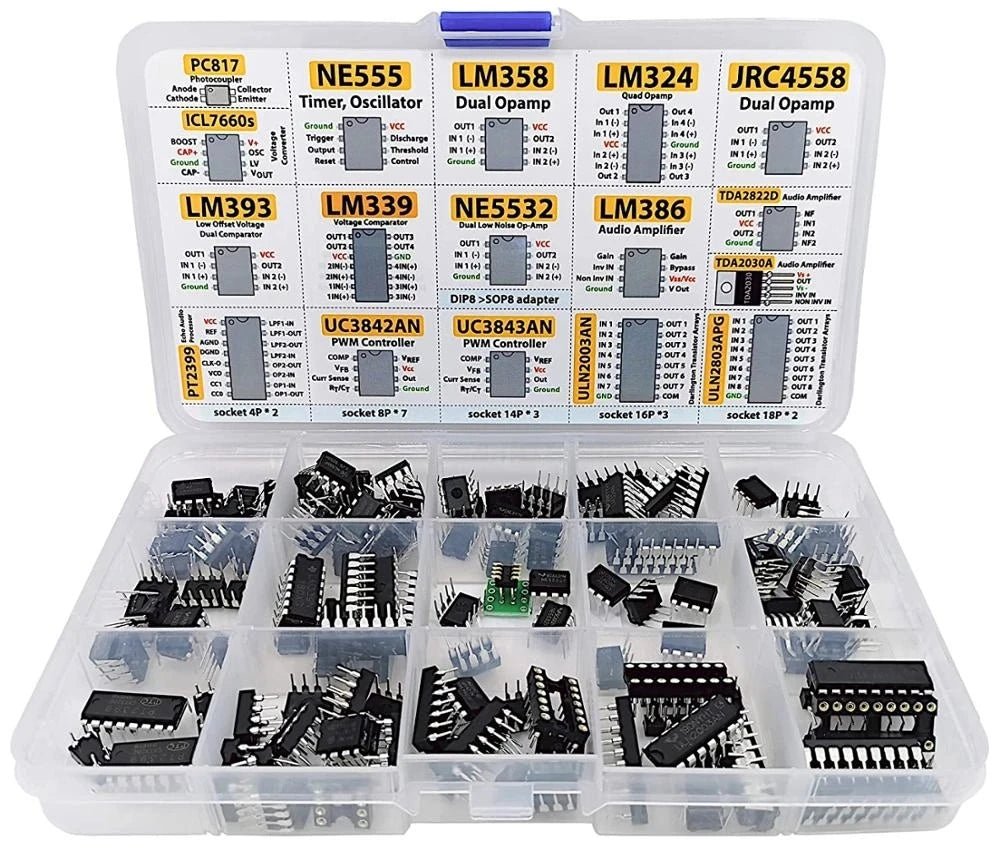 XL IC Chip Assortment 150 pcs, opamp, oscillator, pwm, PC817, NE555, LM358, LM324, JRC4558, LM393, LM339, NE5532, LM386, TDA2030
