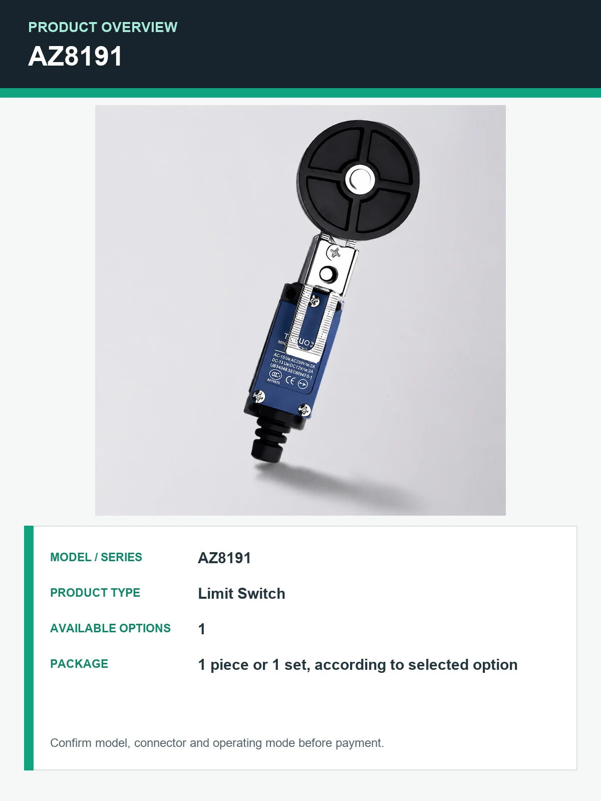 TEZUO AZ8191 IP64 Adjustable Roller Wheel Limit Switch for Industrial Automation