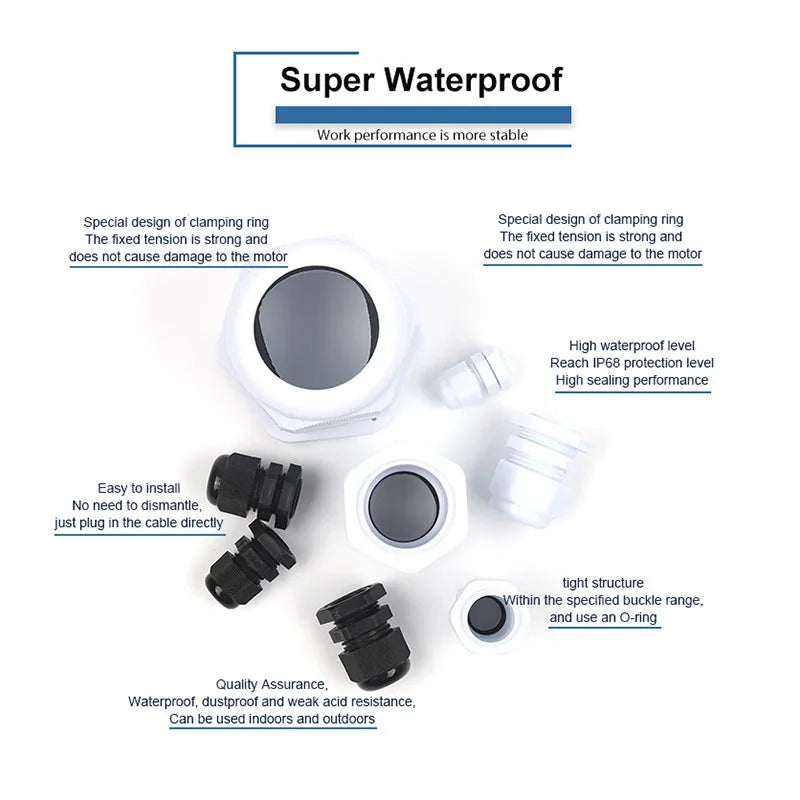IP68 Waterproof Cable Gland Black Plastic Seal Joint Nylon M12/M16/M18/M20/M22/M25/M27/M30 White Waterproof Cable Connector