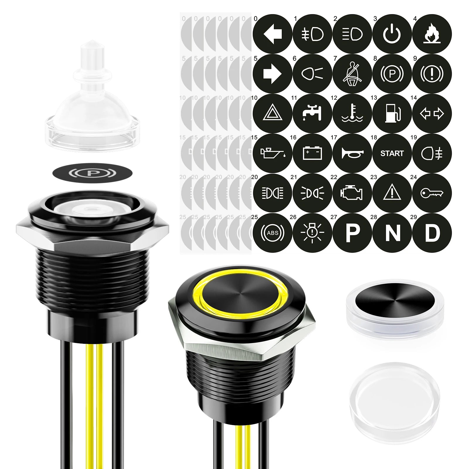 FILN 2Pcs 22mm Symbol Push Button Switch 20A IP67 Waterproof Latching Momentary Marine Switches 185 Replacement Symbols 5V-24V