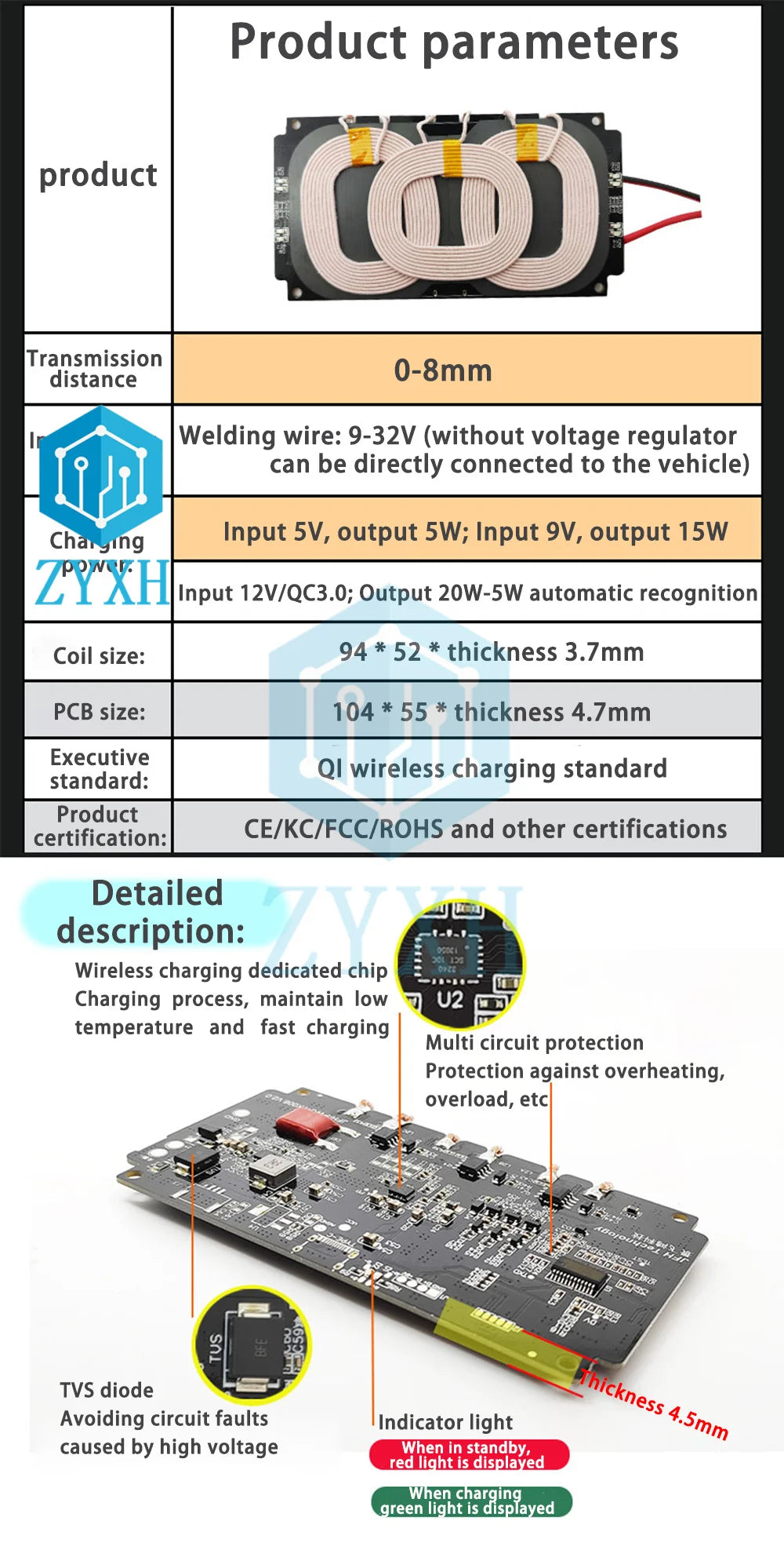 20W 22W Car Wireless Charging Mobile Phone Wireless Charger Module with Three Coil Transmission End 24V 12V Wide Voltage