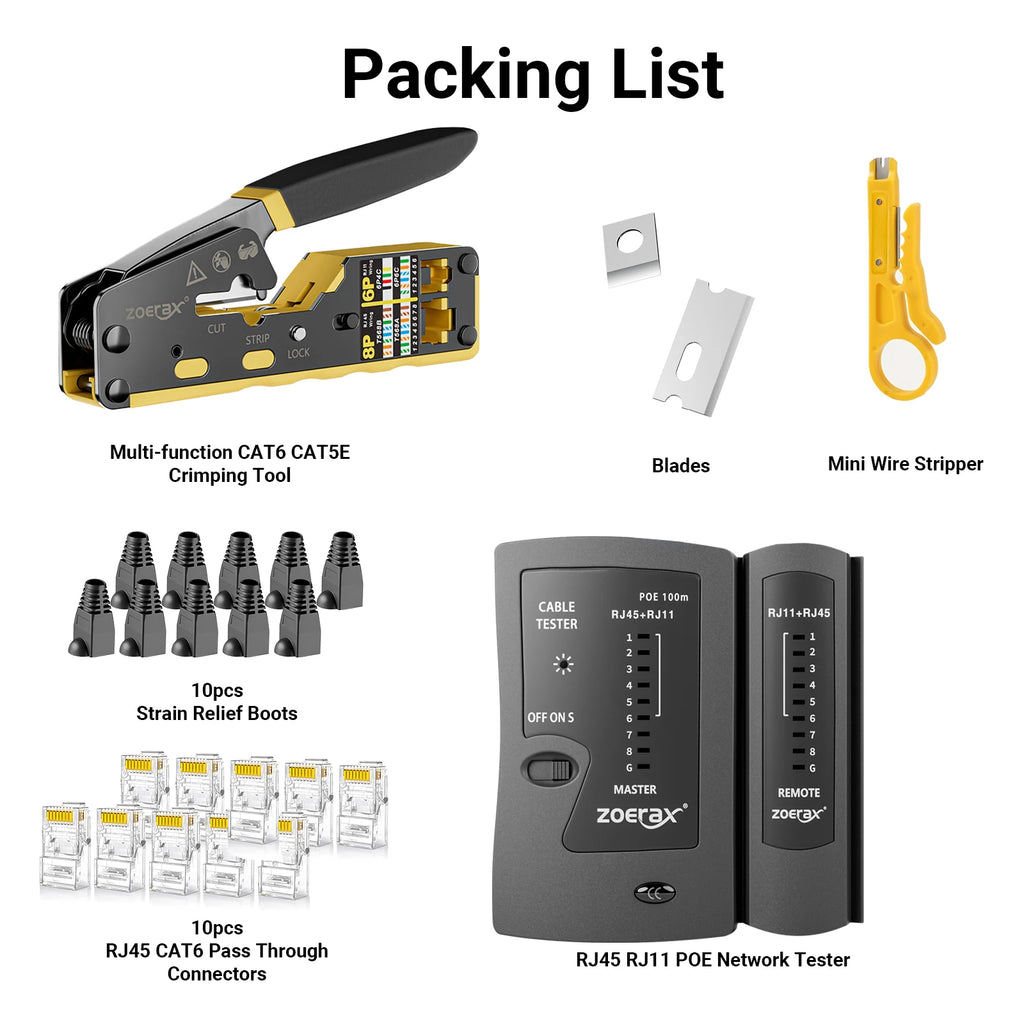 ZoeRax Pass Through RJ45 Crimp Kit Cat5e/Cat6 Crimper with 10PCS 8P8C Cat5e/Cat6 Connectors POE LAN Tester for RJ45 RJ11 Wiring