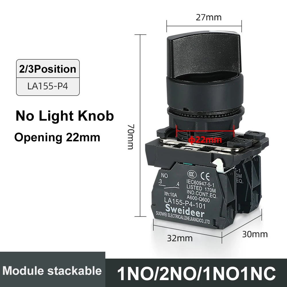 XB4 Knob Switch with LED 22mm 2/3Position Self Locking 1NO/2NO/1NO1NC Select Rotary Switch with Light 12V 24V 220V 10A Red Green