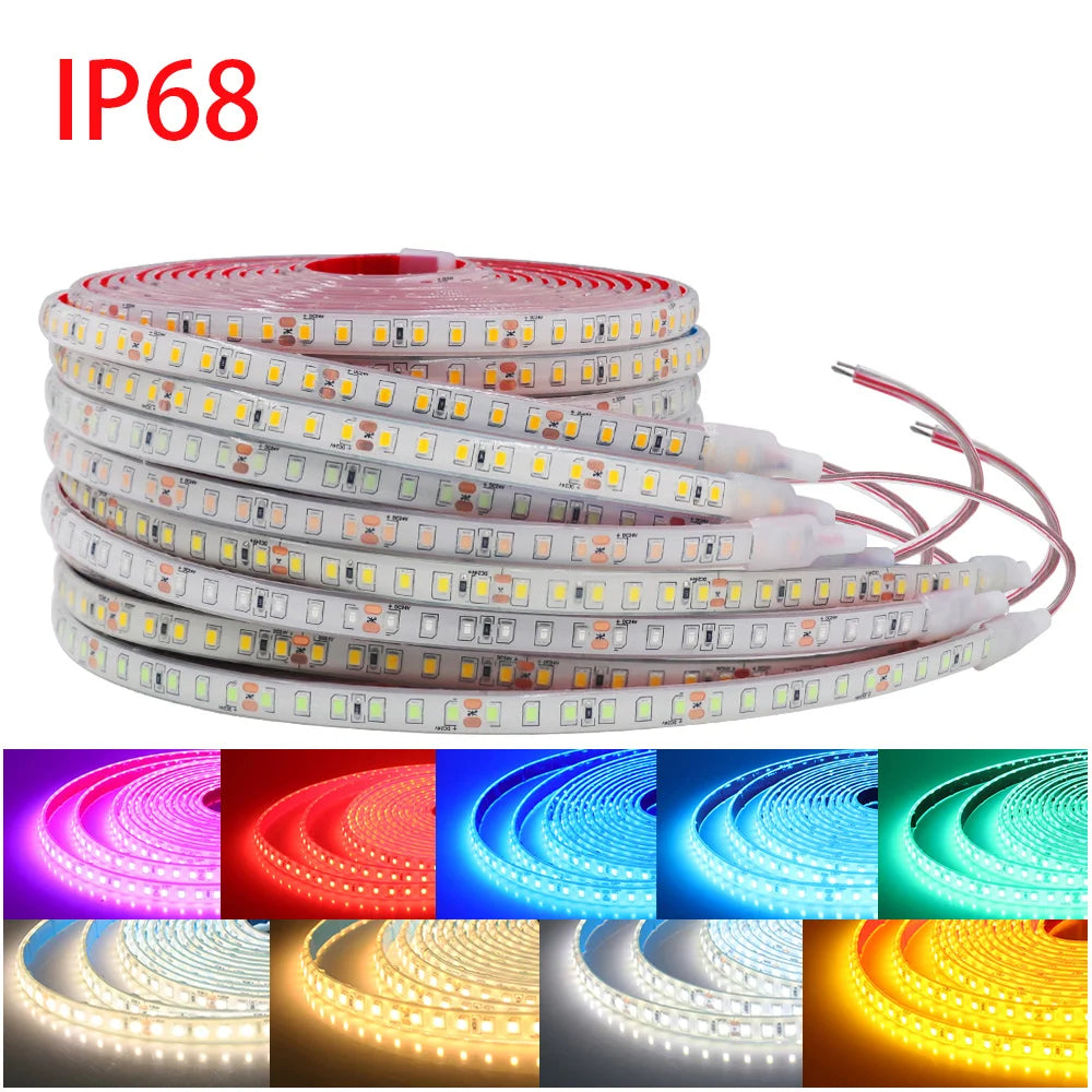 12V 24V 5m 10m 20m LED Strip Light IP68 Waterproof 2835 9 Colors Flexible Tape with 2pin Wire 120LED/m Bright Ribbon 0.5m 1m 2m
