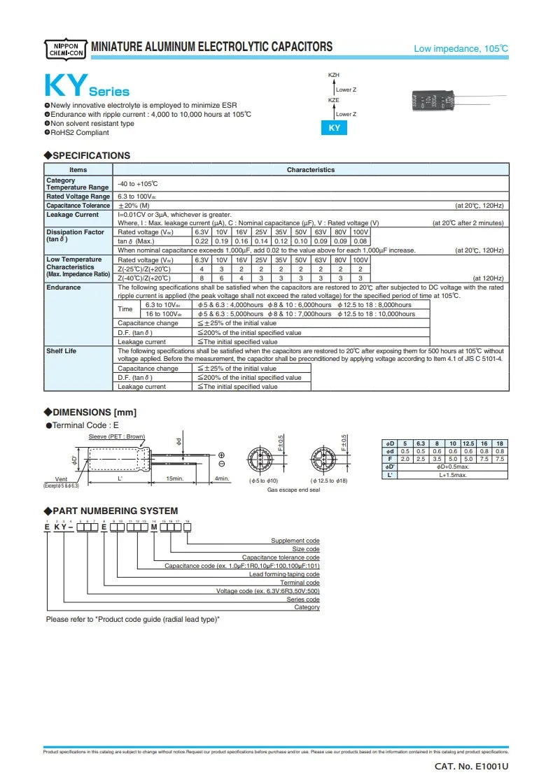 NIPPON NCC KY Series Low impedance ESR Long Life 6.3V/10V/16V/25V/35V/50V 1uF~1000uF Aluminum Electrolytic Capacitor