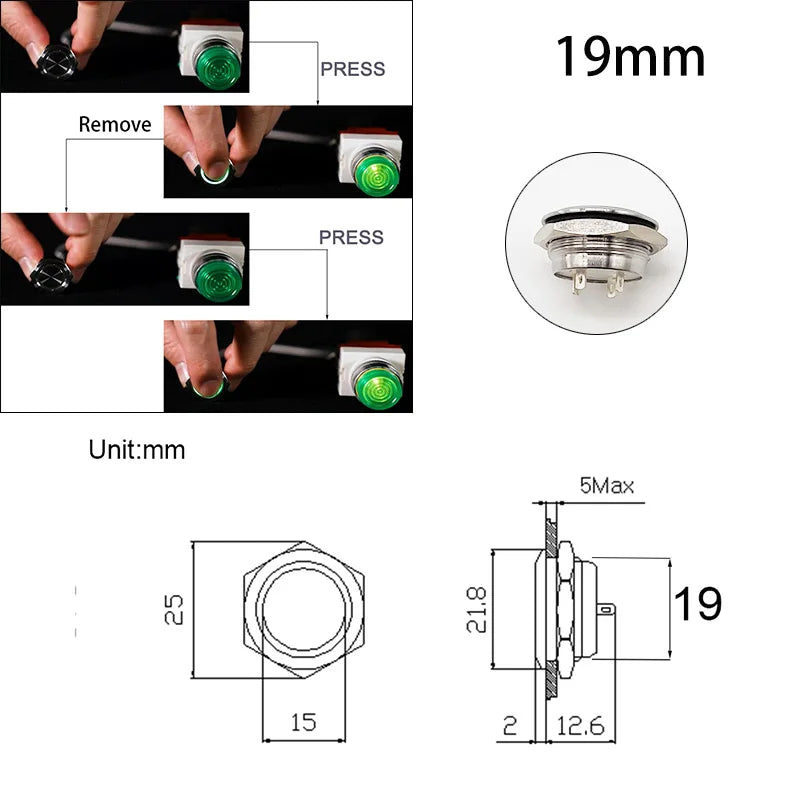 Mini Push Button Switch 12/16/19/22/25/30mm Electric Waterproof Power 12v Led Light Momentary Short Pressure Latching Fix On Off
