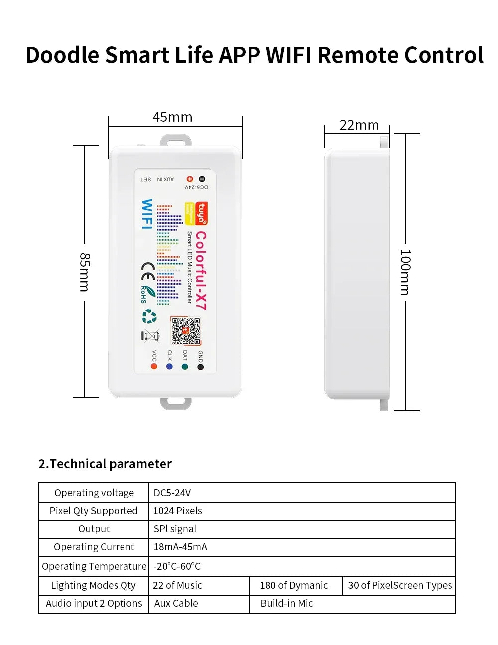WS2812B WS2815 RGBIC LED Strip Controller Colorful-X7 Bluetooth/WIFI/Zigbee Smart Music Rhythm Sync Pixels Lighting DC5-24V