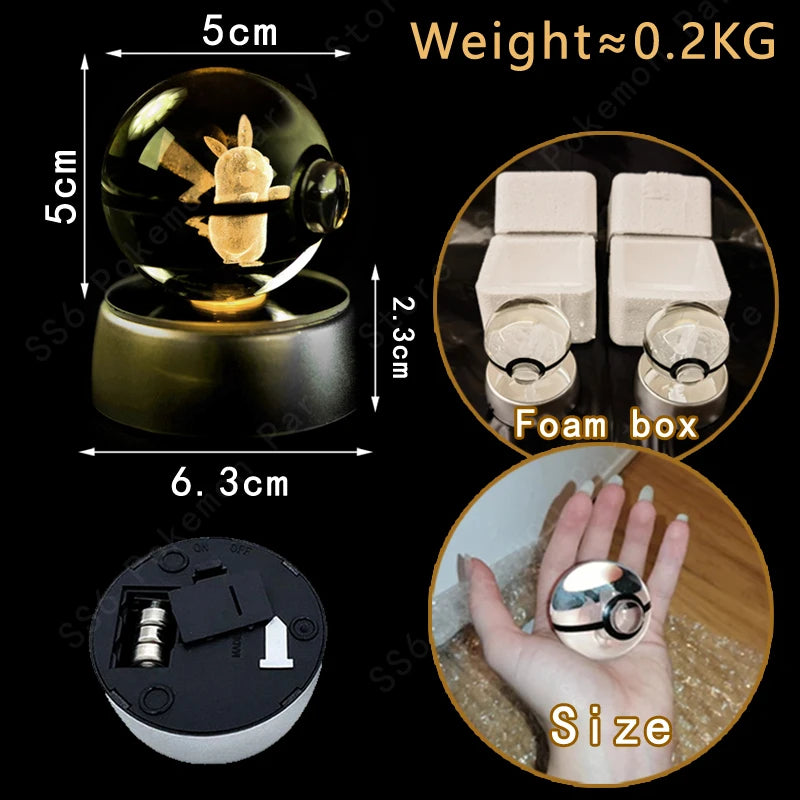 Pokemon Crystal Ball 3D Mewtwo Pikachu Gengar Pokeball 3D Night Light Lamp Glass Statue Pokemon Crystal Ball Birthday Gift
