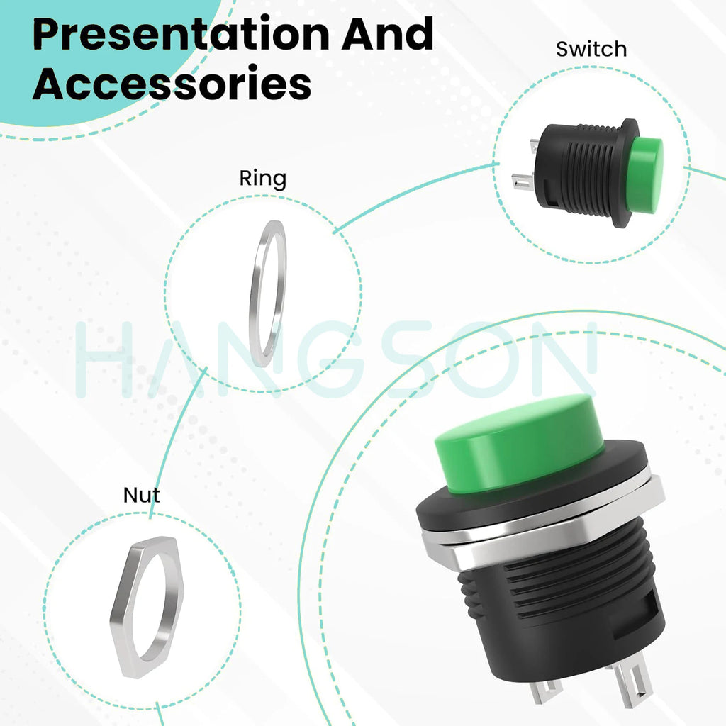 6Pcs R13-507 Momentary Push Button 2 Pin Self-Resetting Mini No Lock Round SPST 1NO Switch 3A 250V AC/6A 125V AC Button Assorted