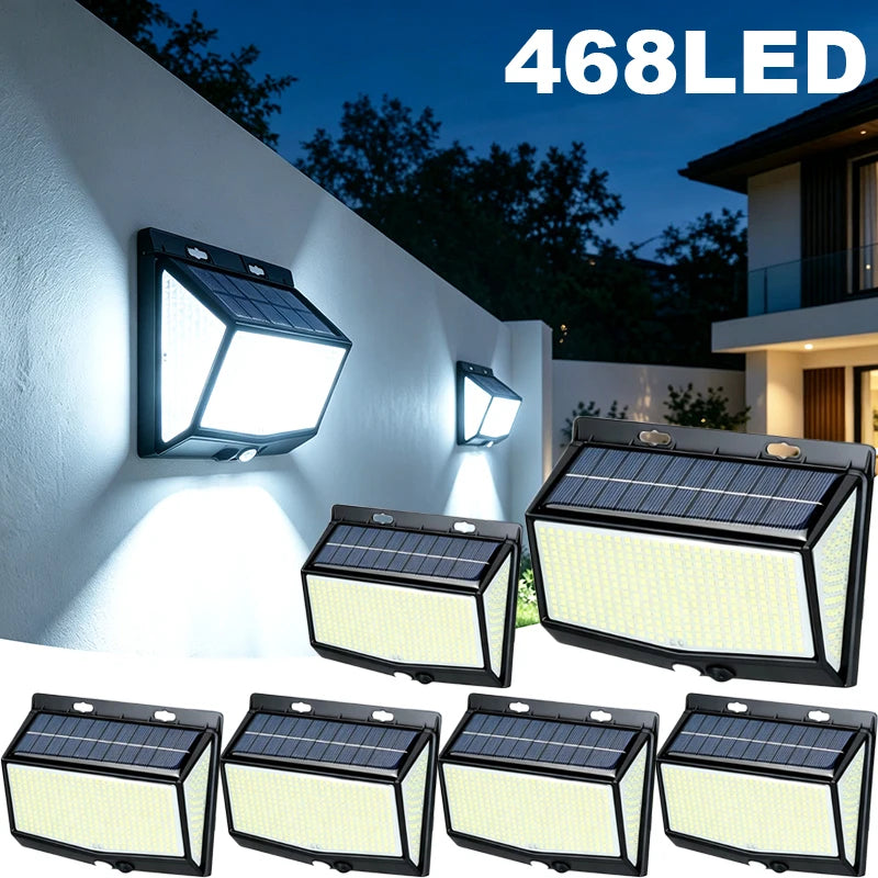 468 LED Outdoor Solar Lights with Motion Sensor 3 Lighting Modes Waterproof Solar Wall Lights for Courtyard Garage Fence Patio