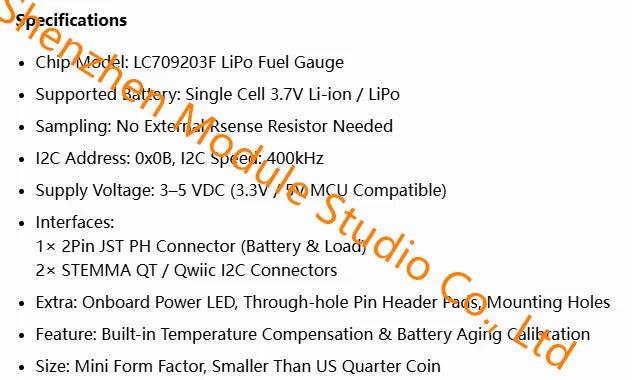 1PCS LC709203F Fuel Gauge & Battery Monitor Module with STEMMA JST PH, QT/Qwiic Interface