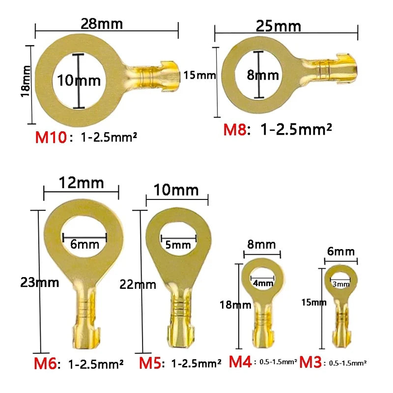 150/300/540pcs Boxed Terminal Block Wire Connector M3-M10 O-type Ground Lugs Terminal Cold-Pressed Copper Tab Wiring Nose