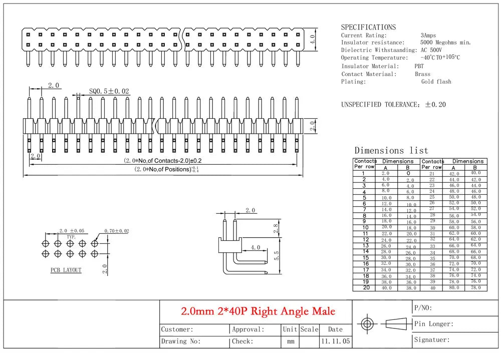 10CS Pitch 2.0mm 1x40 2x40 Pin Single Double Row Right Angle Straight SMT SMD Round Male Header Connector
