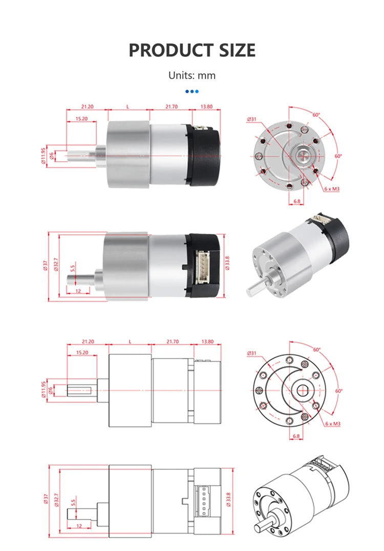 JGB37-520 Hall Encoder DC Geared Motor, 6V/12V, Reversible, High Torque 21KG.CM, All-metal Geared DC Motor With Hall Encoder.