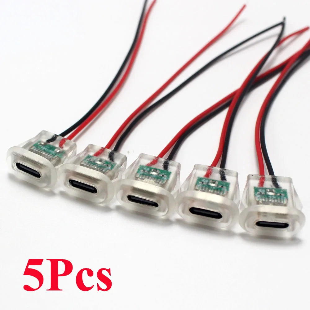 5A USB-C Type Waterproof USB Connector Direct Compression Female Base Socket Charging Interface With Welding Wire LED Lights