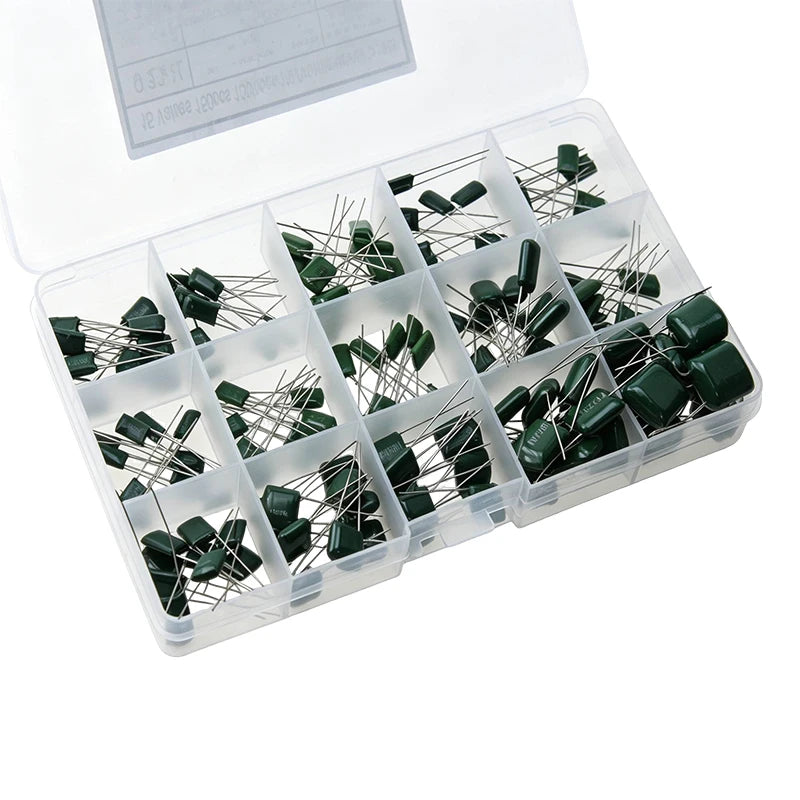 150Pcs 15 Values Polyester Film Capacitor Kit 2A331J 2A471J 2A102J 2A103J 2A223J 2A104J For DIY Soldering PCB Repair