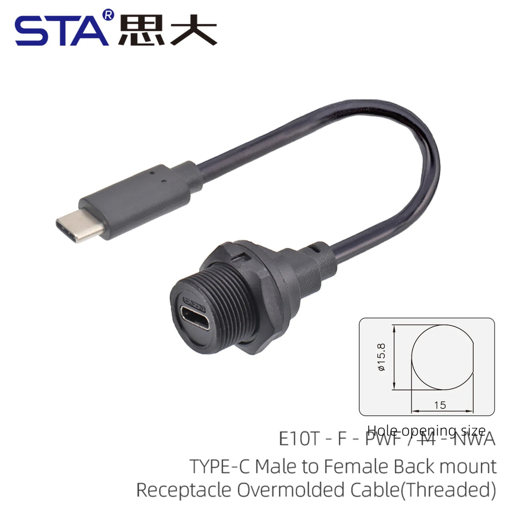 Type-C 3.0 IP67 Waterproof Connector Straight/Angled Male to Male/USB Adapter Molded Cable 0.5/1/2M Fast Charging 10Gbps PD 60W