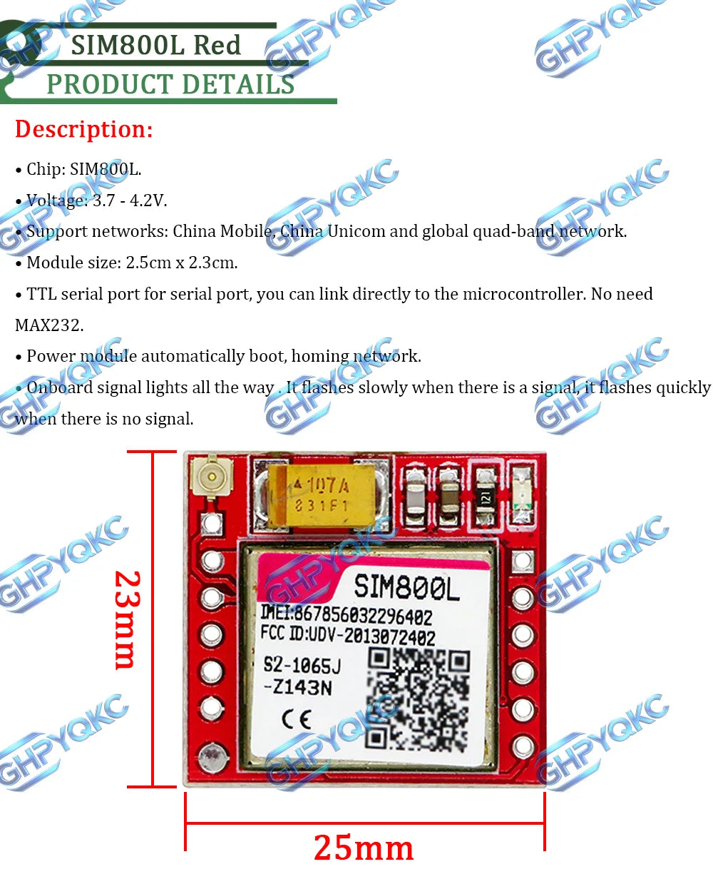 GHPYQKC Smallest SIM800L GPRS GSM Module Micro SIM Card Core Board Quad-band TTL Serial Port for arduino