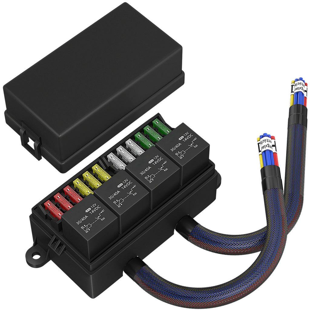 DaierTek 12V Fuse Relay Box Pre-Wired Fuse and Relay Box with 4 Relay 12 Way ATC/ATO Fuses Sealed 12V Relay Fuse Box for Car