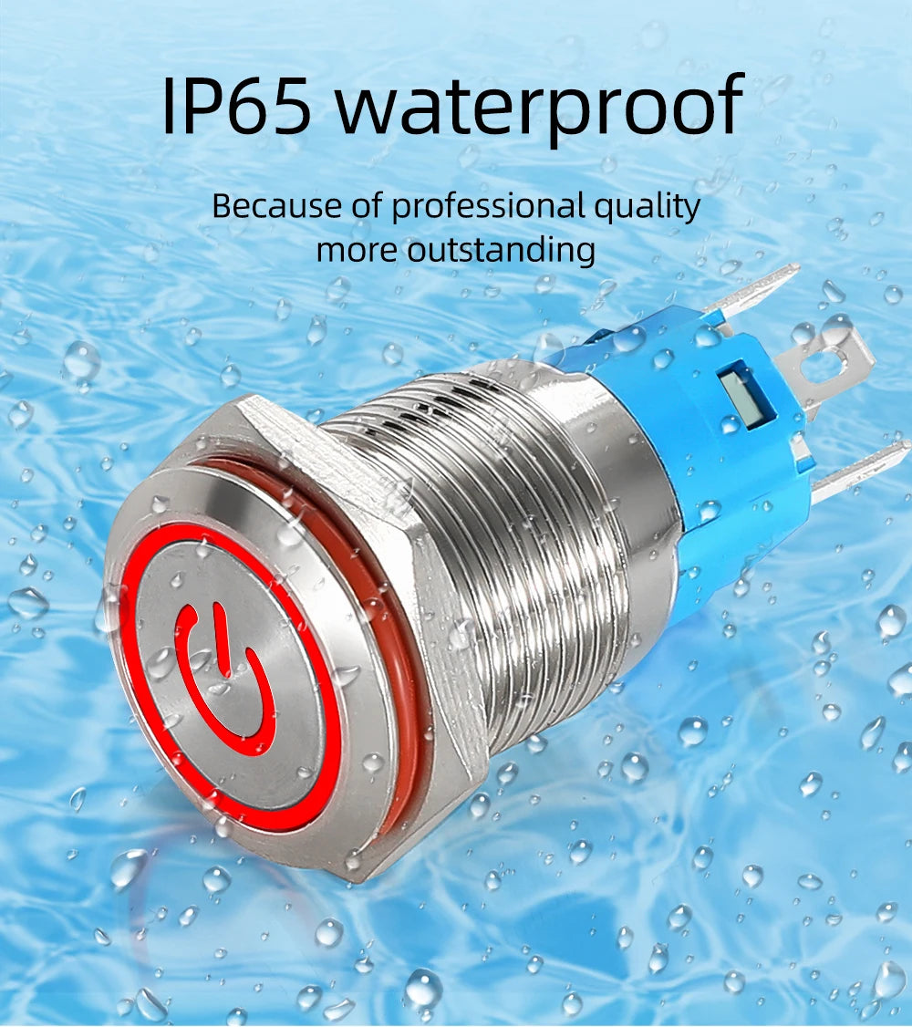 12/16mm Flat LED Illuminated Reset Latching Ring LED Metal Push Button Switch Waterproof On Off with Power Symbol