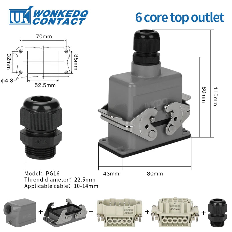 HDC HE Heavy Duty Connector 6/10/16/24/32/48 Core Pin Top/Side Outlet Aviation Plug Rectangular Waterproof Electrical Wiring
