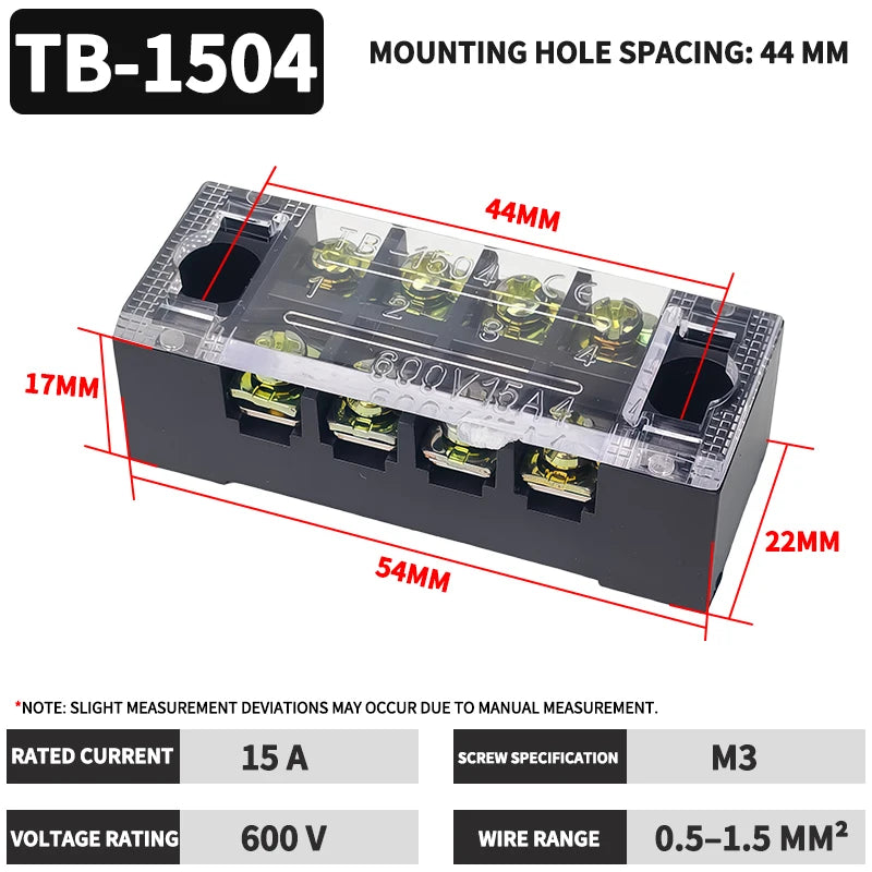 1PCS -TB1504 Dual Row Thick Copper Screw Terminal Block Flame Retardant Grounding Strip Wire Connector Durable 600V 15A