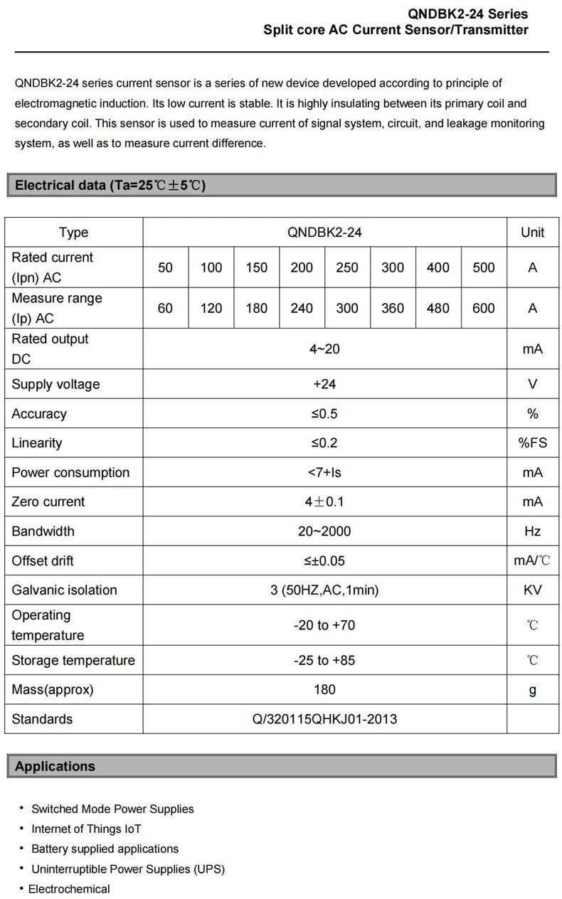 420mA Split core current transmitter QNDBK2-24 AC 50A 100A 20A 30A ct clamp current transformer current sensor 4 20mA