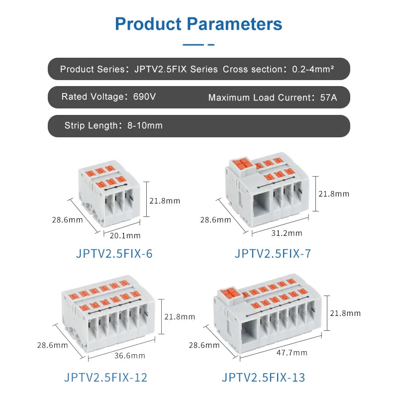 Din Rail Distribution Block PTVFIX Series Push-in Side-entry Terminal Block 2.5 mm² Cable Connector 6/7/12/13/18/19 Connections