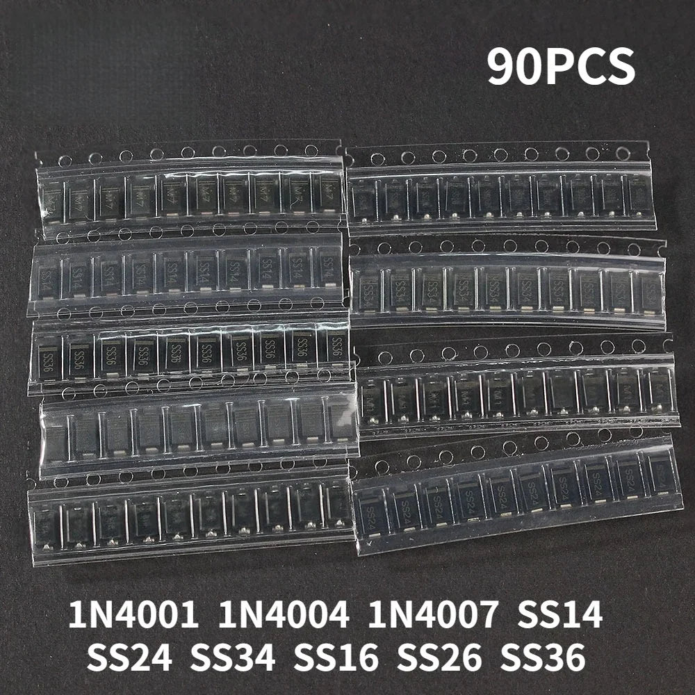 Takefast 90pcs SMD Diode Kit 1N4007 1N4001 1N4004 SS14 SS16 SS24 SS26 SS34 SS36 9 Values X10pcs Rectifier Diodes Schottky