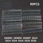 Takefast 90pcs SMD Diode Kit 1N4007 1N4001 1N4004 SS14 SS16 SS24 SS26 SS34 SS36 9 Values X10pcs Rectifier Diodes Schottky